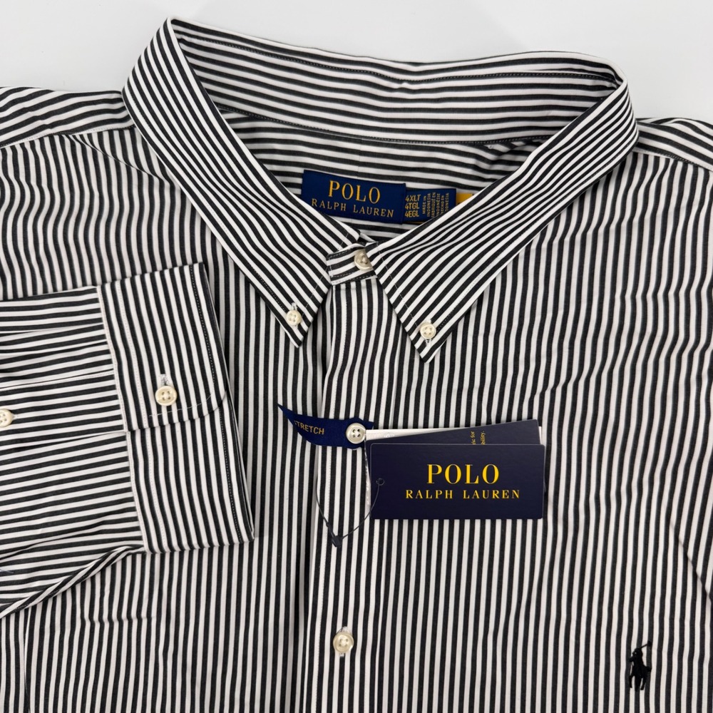 Polo Ralph Lauren Button Down Mens 4XLT Black White Striped‎ Stretch Long Sleeve